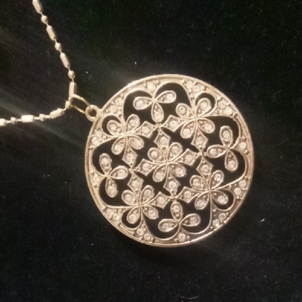 Elegant Gold Pendant Necklace on a gold tone ball beaded chain 34 in long